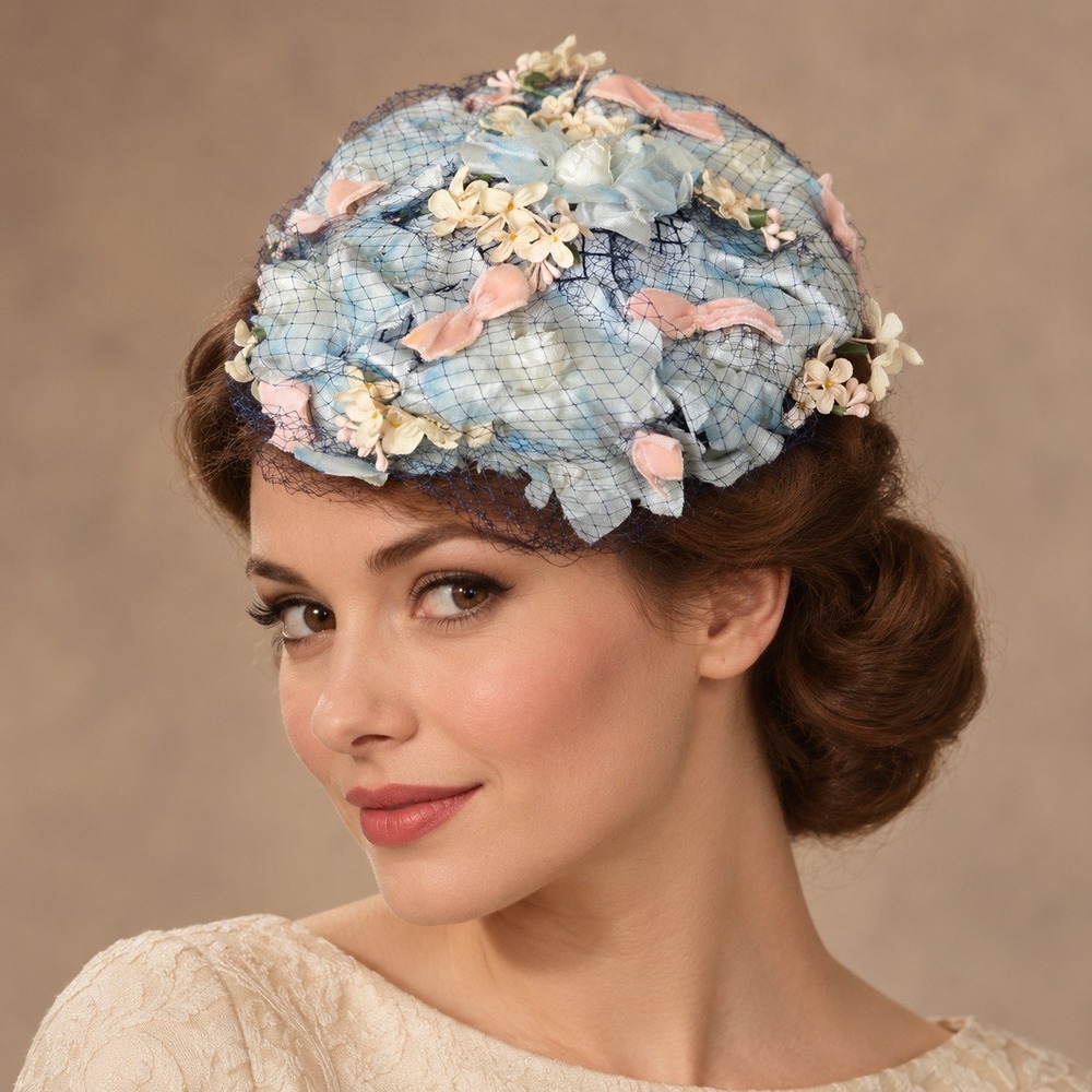 Vintage 1950's Floral Pillbox Hat Women OS Blue Pink Velvet Bows Birdcage Veil